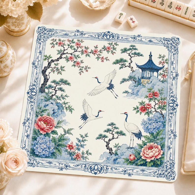 Blue and White Crane Mahjong Mat, Chinoiserie Hydrangea American Mahjong Game Mat