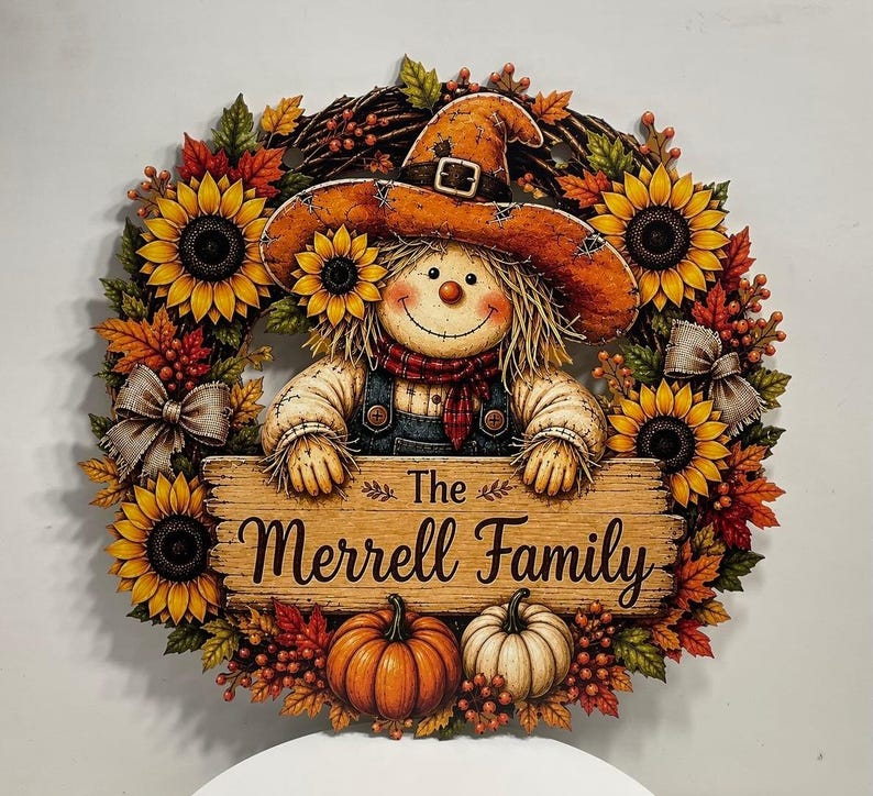 Personalized Scarecrow Sunflower Wreath Sign, Custom Family Name Fall Door Hanger, Thanksgiving Porch Decor