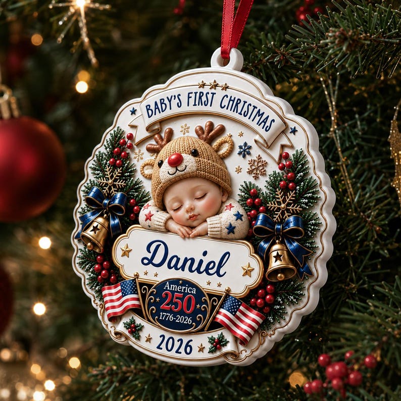 Baby’s First Christmas 2026 Ornament, Personalized Name America 250 3D Relief Keepsake