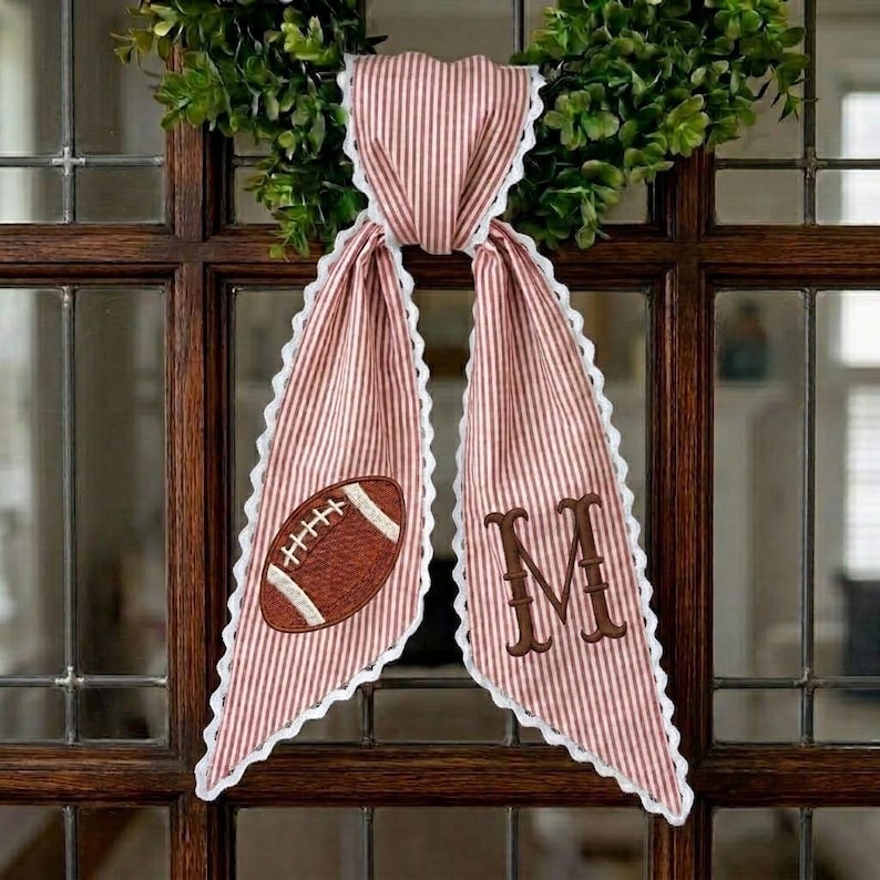 Custom Monogram Football Wreath Sash, Personalized Initial Door Decor, Game Day Ribbon Bow, Fall Football Mom Gift