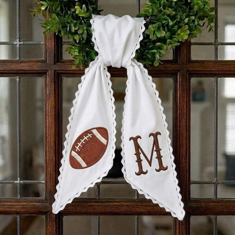 Custom Monogram Football Wreath Sash, Personalized Initial Door Decor, Game Day Ribbon Bow, Fall Football Mom Gift