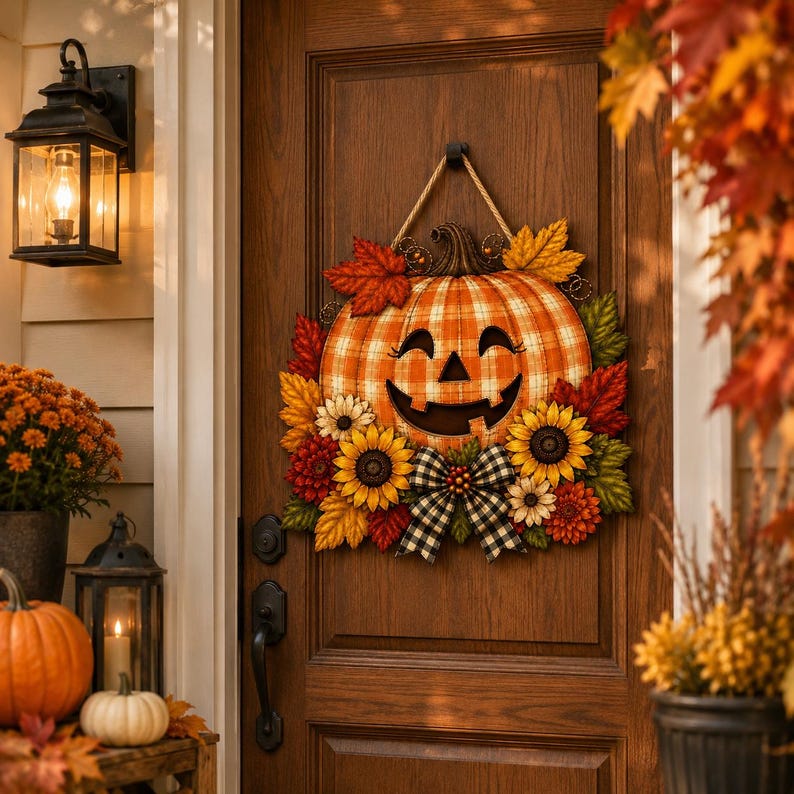 Pumpkin Wooden Door Sign Hanger, Halloween Fall Door Decor, Sunflower Pumpkin Wreath Sign