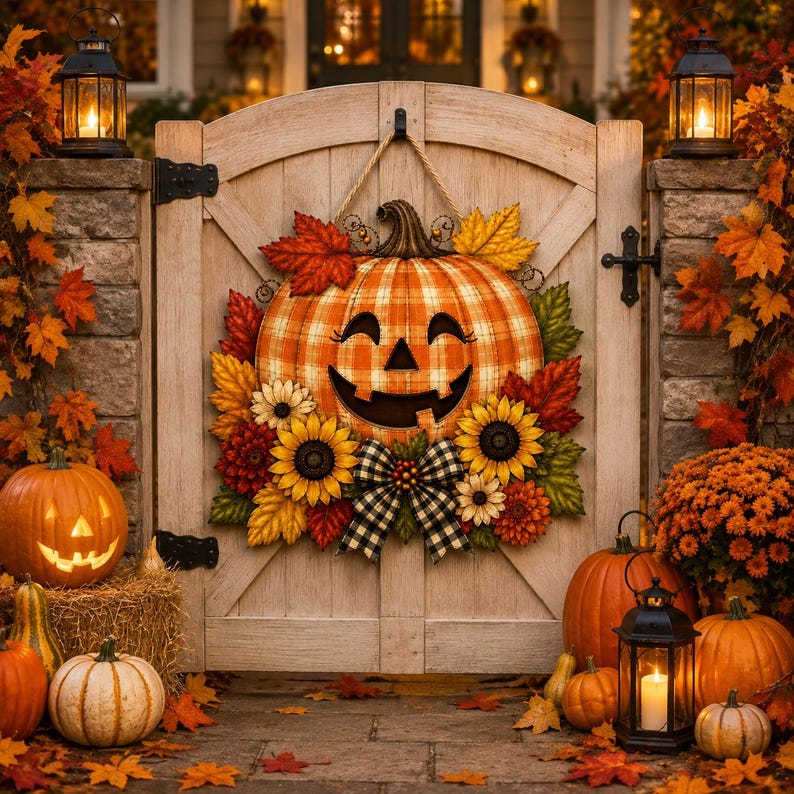 Pumpkin Wooden Door Sign Hanger, Halloween Fall Door Decor, Sunflower Pumpkin Wreath Sign