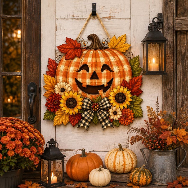 Pumpkin Wooden Door Sign Hanger, Halloween Fall Door Decor, Sunflower Pumpkin Wreath Sign