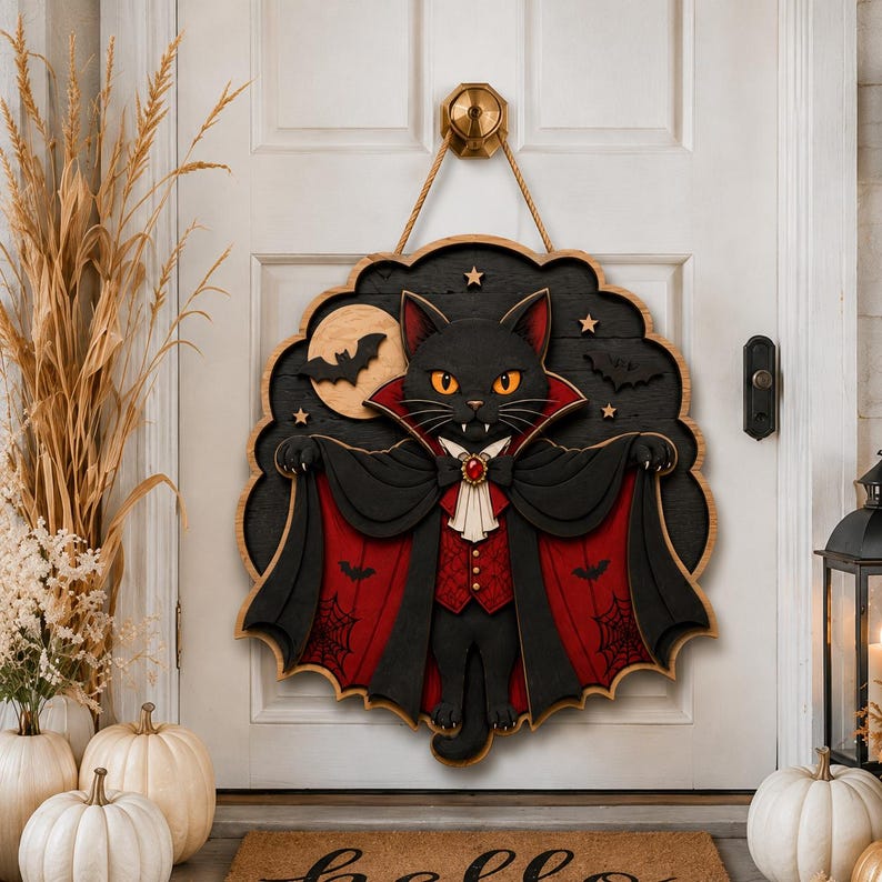 Halloween Black Cat Vampire Wooden Sign, Gothic Wall Decor, Spooky Bat Door Hanger, Witchy Cat Art, Haunted House