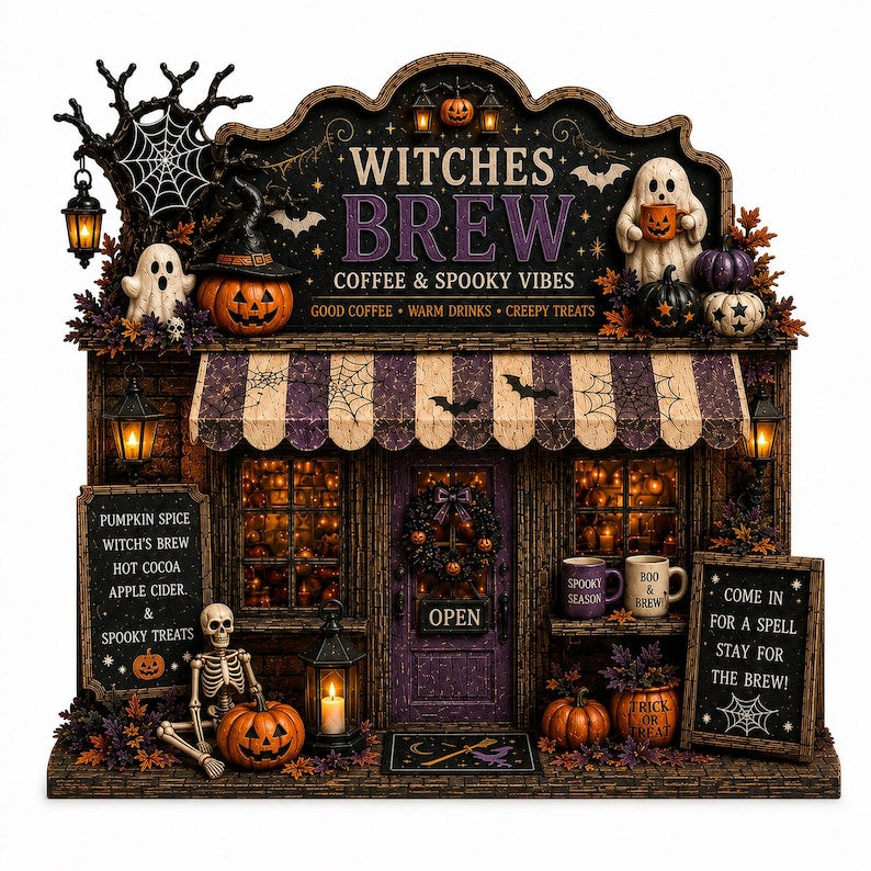 Witches Brew Wooden Block, Halloween Coffee Bar Decor, Spooky Witch Cafe Sign, Ghost Pumpkin Shelf Decor