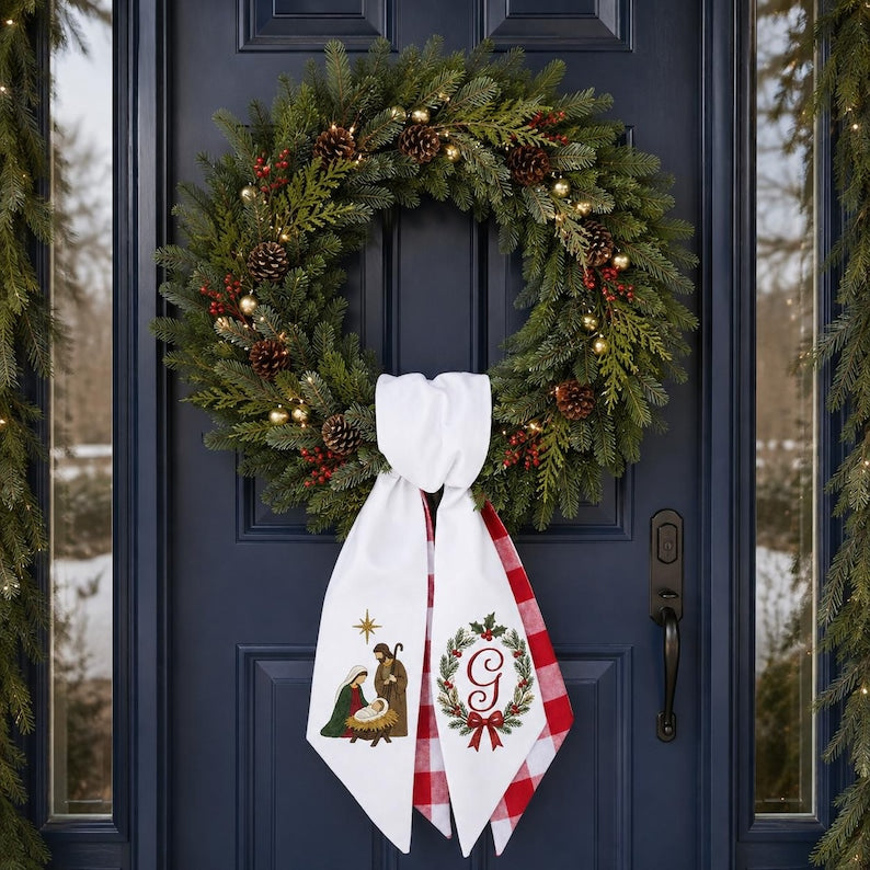 Custom Christmas Nativity Wreath Sash with Red Gingham, Embroidered Monogram and Holy Family