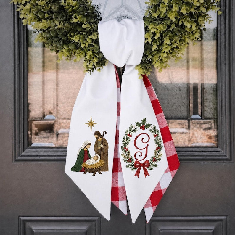 Custom Christmas Nativity Wreath Sash with Red Gingham, Embroidered Monogram and Holy Family