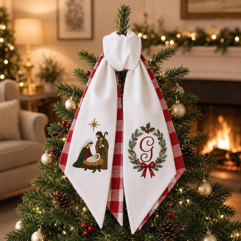 Custom Christmas Nativity Wreath Sash with Red Gingham, Embroidered Monogram and Holy Family
