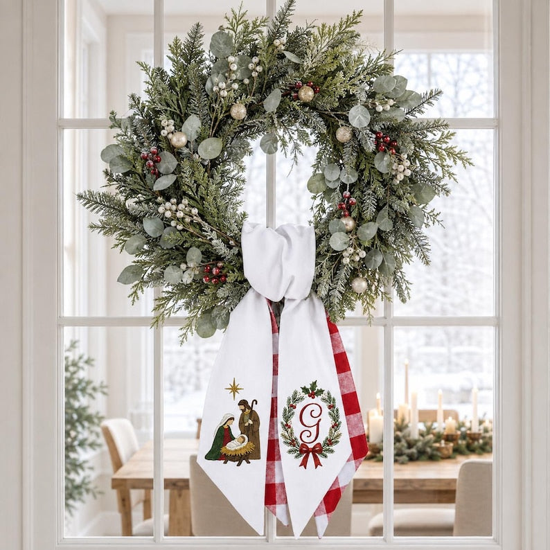 Custom Christmas Nativity Wreath Sash with Red Gingham, Embroidered Monogram and Holy Family