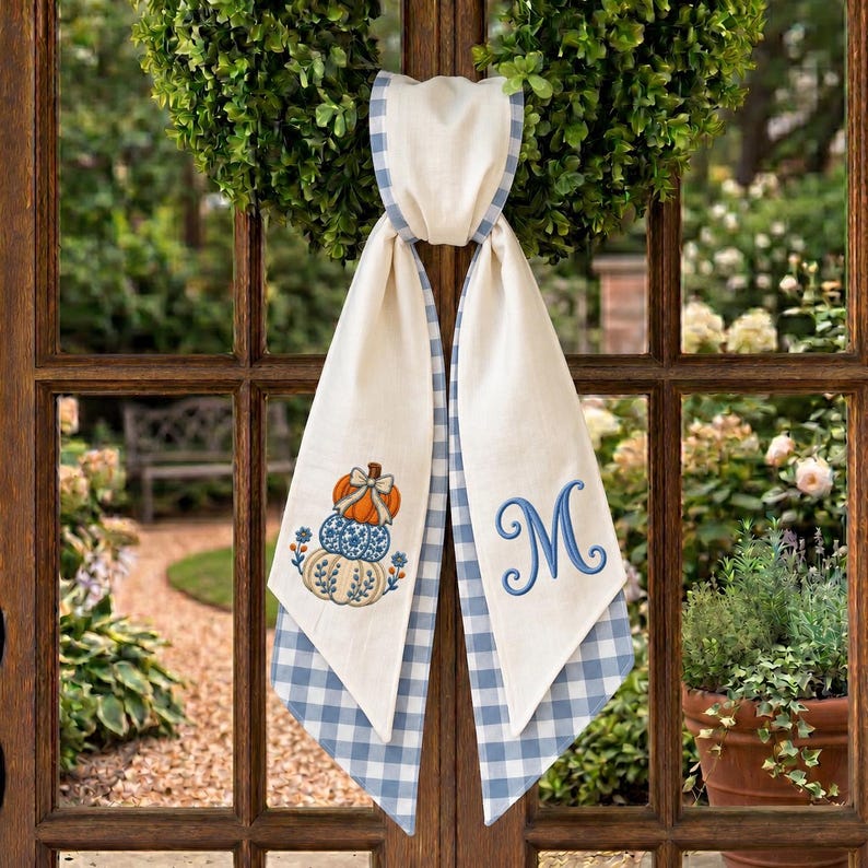 Personalized Fall Wreath Sash, Embroidered Pumpkin Monogram Bow, Blue Gingham Front Door Decor