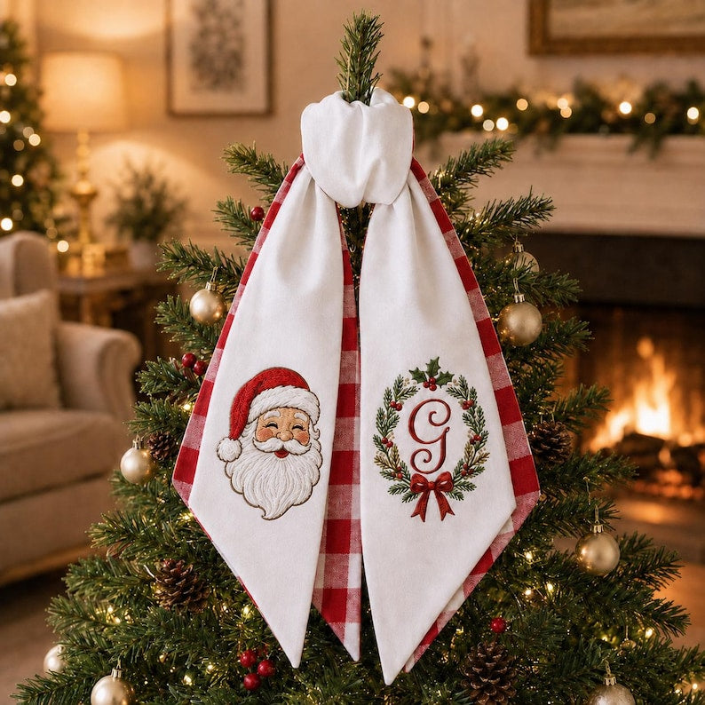 Custom Christmas Monogram Wreath Sash with Red Gingham and Multi Embroidered Design Options