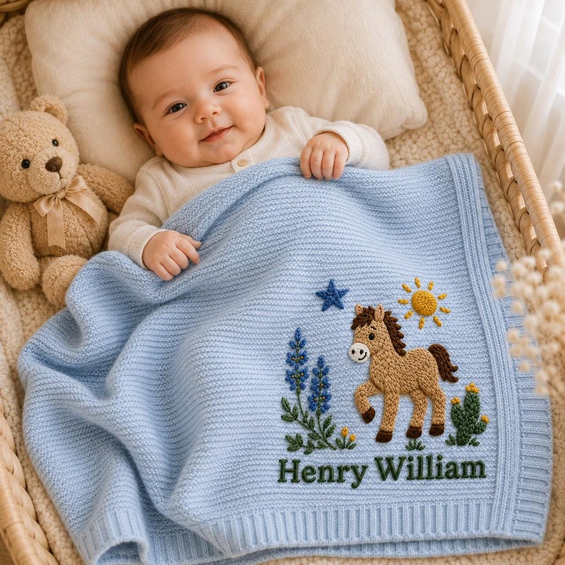 Personalized Knit Western Horse Baby Blanket Name, Custom Embroidered Golden Sun Baby Shower Gift, Gift for Baby Boy