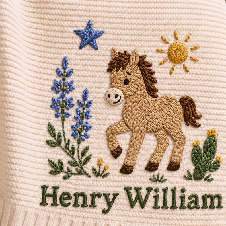 Personalized Knit Western Horse Baby Blanket Name, Custom Embroidered Golden Sun Baby Shower Gift, Gift for Baby Boy