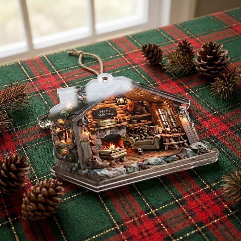 Personalized Cozy Cabin Christmas Ornament, Rustic Wooden House Keepsake, Custom Name Decor