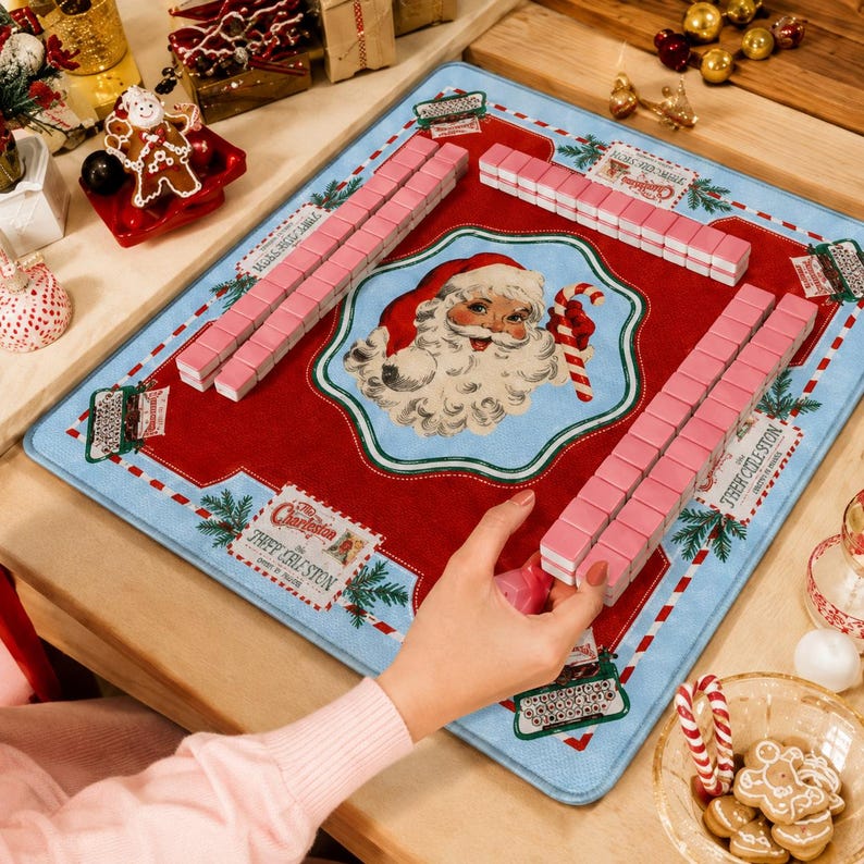 Vintage Santa Mail Mahjong Mat, Holiday Game Table Runner
