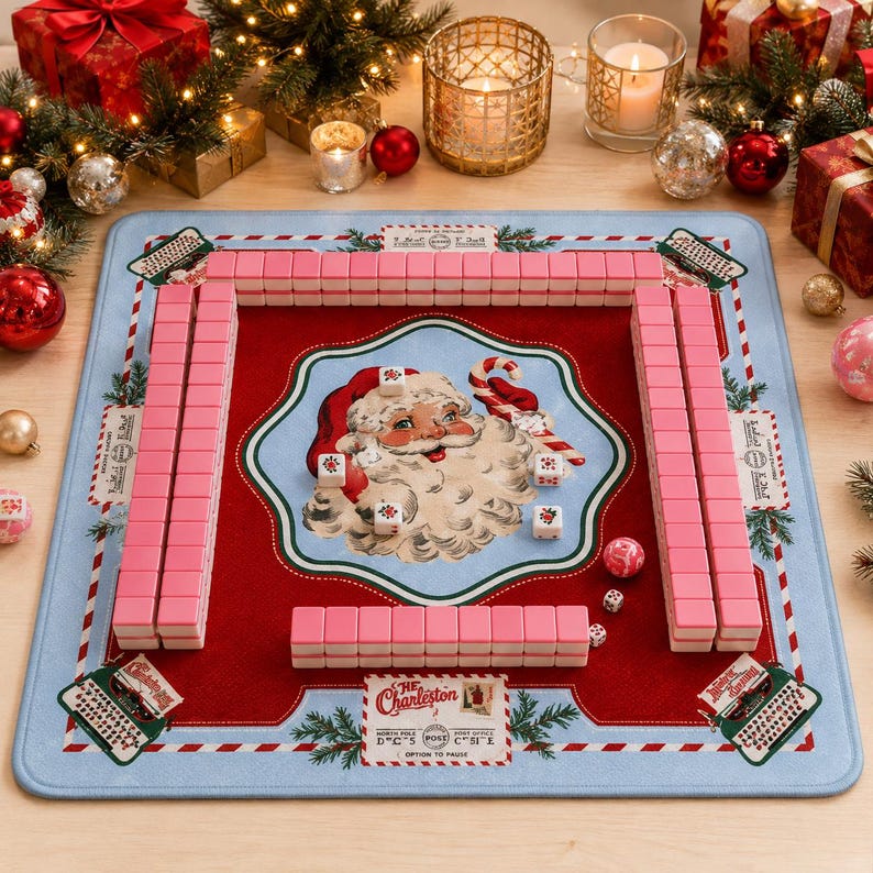 Vintage Santa Mail Mahjong Mat, Holiday Game Table Runner