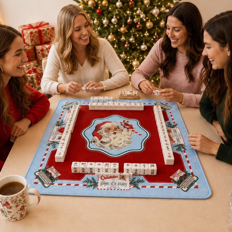 Vintage Santa Mail Mahjong Mat, Holiday Game Table Runner