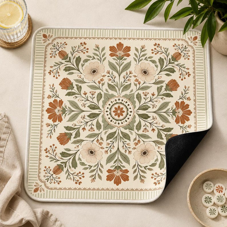 Vintage Floral Mahjong Mat, Sage Green & Terracotta Botanical Table Mat, Non-Slip American Mahjong Game Mat