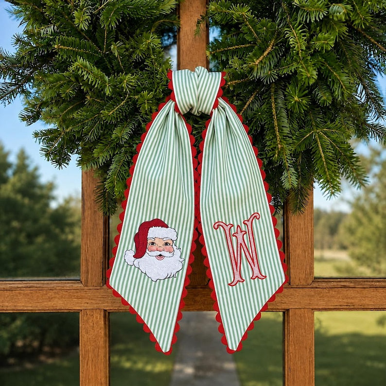 Personalized Christmas Wreath Sash, Stripe Santa Monogram Bow, Custom Initial Holiday Door Decor, Christmas Gift