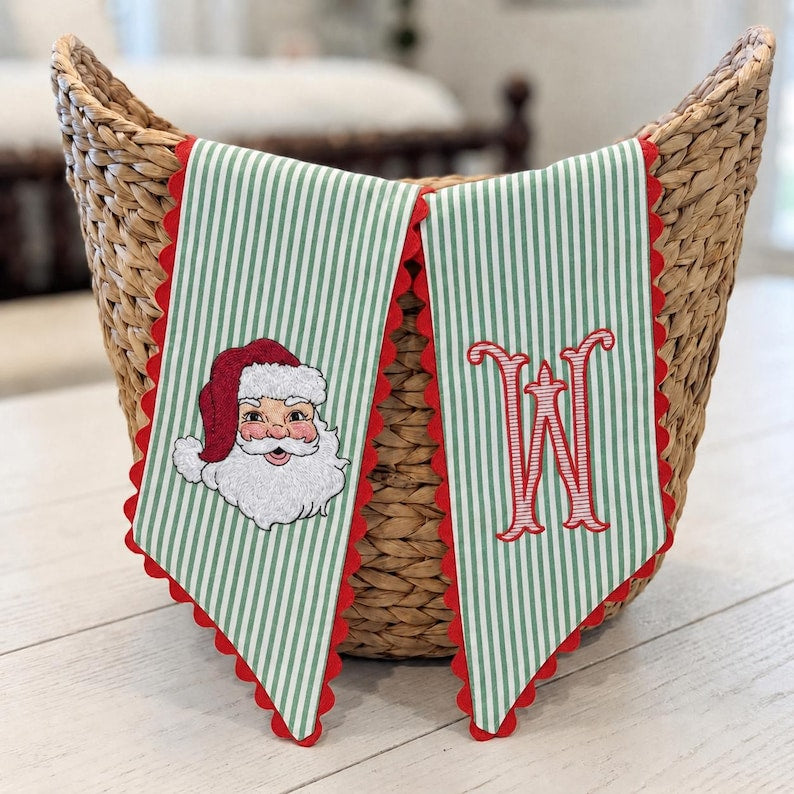 Personalized Christmas Wreath Sash, Stripe Santa Monogram Bow, Custom Initial Holiday Door Decor, Christmas Gift