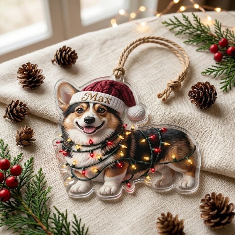 Personalized Corgi Dog Christmas Ornament, Custom Pet Name Keepsake Decoration
