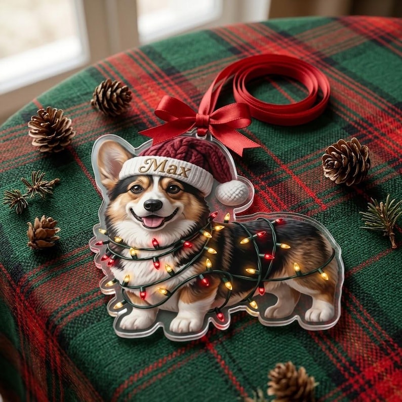 Personalized Corgi Dog Christmas Ornament, Custom Pet Name Keepsake Decoration