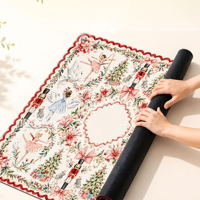 Nutcracker Ballerina Christmas Mahjong Mat, Non-Slip Noise Reducing Table Cover, Watercolor Holiday Table Decor