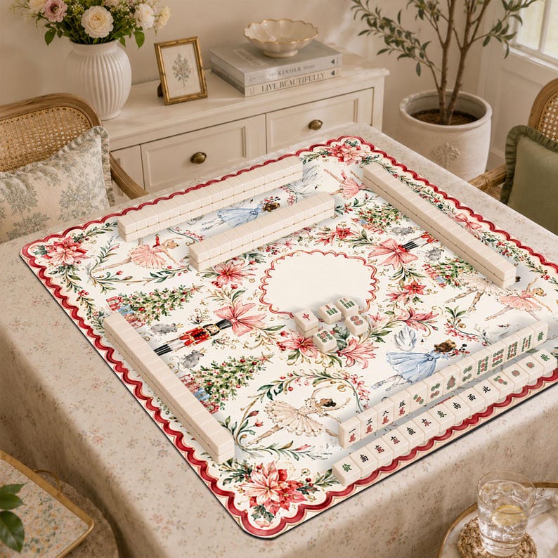 Nutcracker Ballerina Christmas Mahjong Mat, Non-Slip Noise Reducing Table Cover, Watercolor Holiday Table Decor