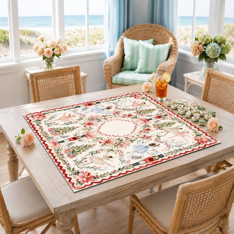 Nutcracker Ballerina Christmas Mahjong Mat, Non-Slip Noise Reducing Table Cover, Watercolor Holiday Table Decor