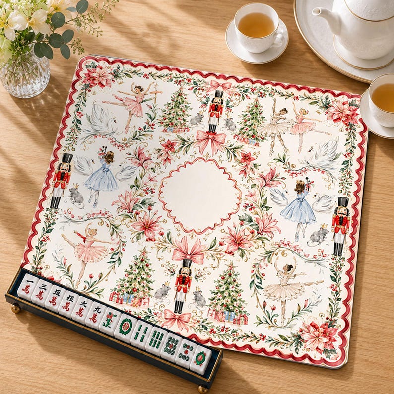 Nutcracker Ballerina Christmas Mahjong Mat, Non-Slip Noise Reducing Table Cover, Watercolor Holiday Table Decor