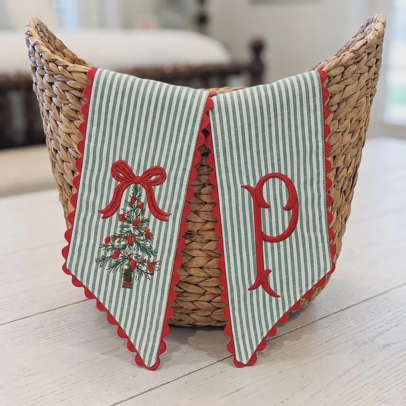 Personalized Christmas Tree Wreath Sash, Custom Embroidered Monogram, Green Stripe Holiday Door Bow