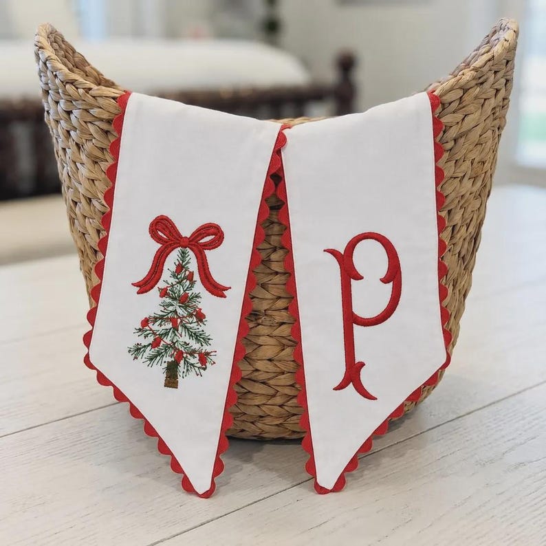Personalized Christmas Tree Wreath Sash, Custom Embroidered Monogram, Green Stripe Holiday Door Bow