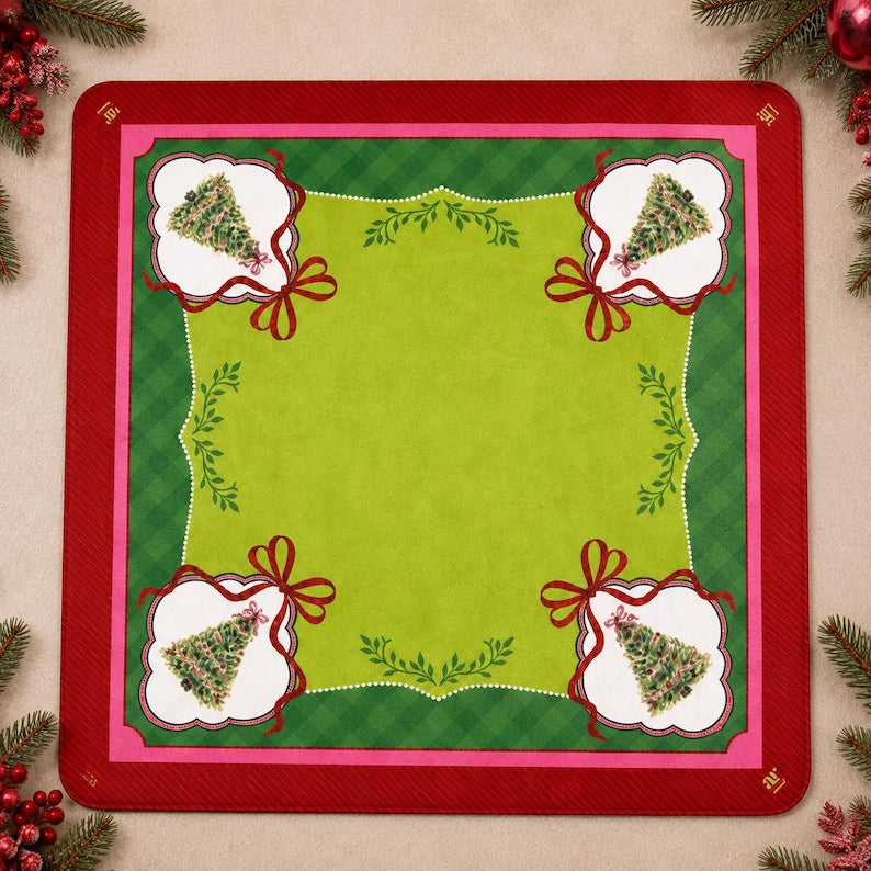 Watercolor Christmas Tree Mahjong Mat, Pink Green Holiday Game Surface