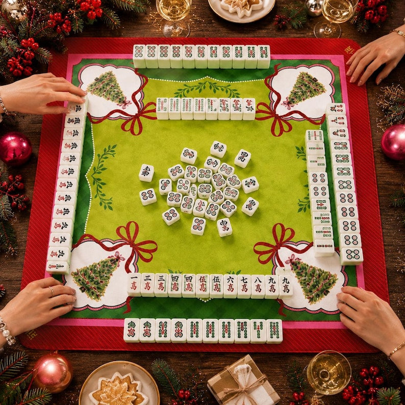 Watercolor Christmas Tree Mahjong Mat, Pink Green Holiday Game Surface