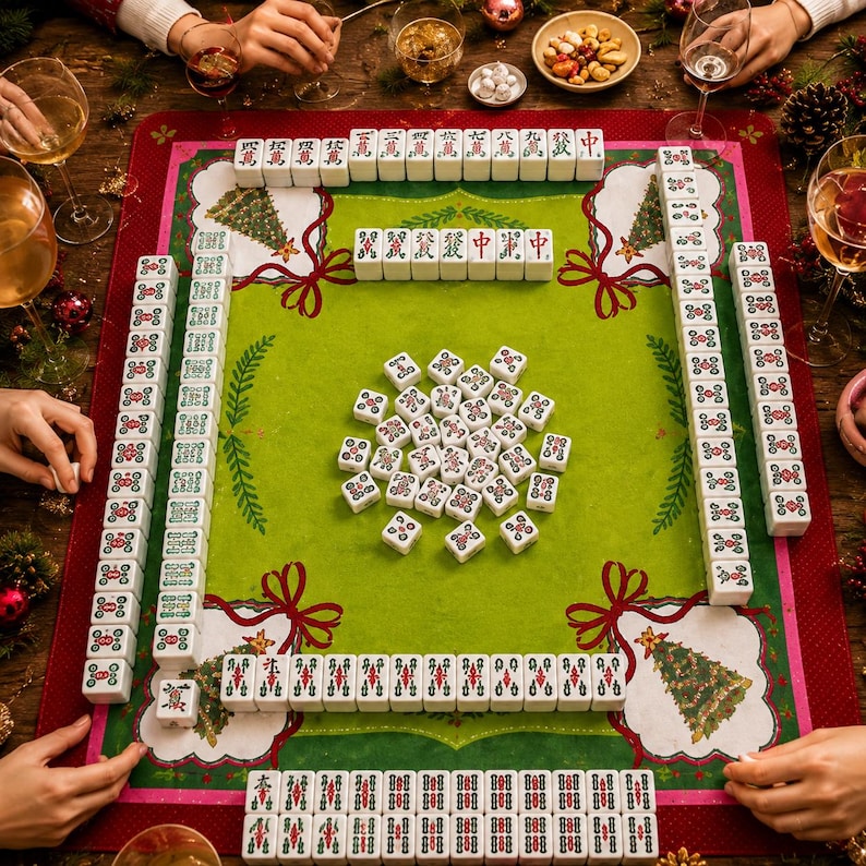 Watercolor Christmas Tree Mahjong Mat, Pink Green Holiday Game Surface