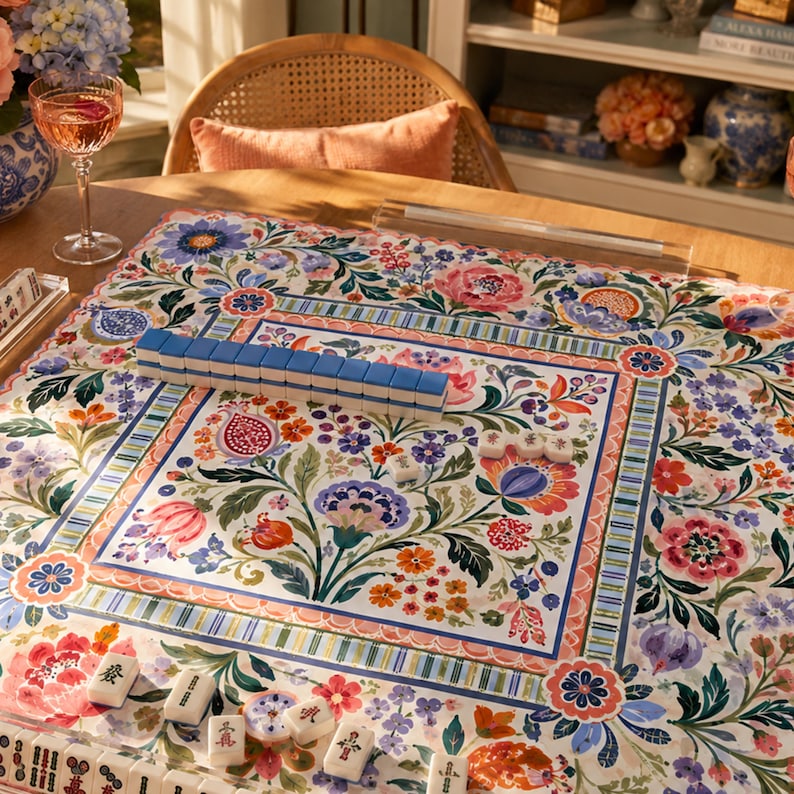 Folk Art Floral Mahjong Mat, American Mahjong Mat, Colorful Botanical Game Mat, Grandmillennial Garden Gift