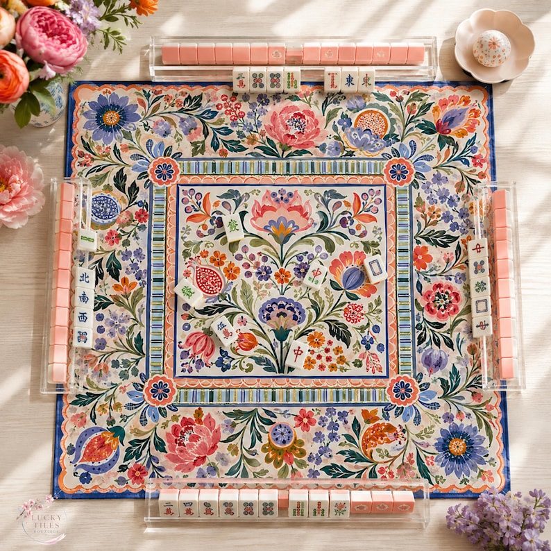 Folk Art Floral Mahjong Mat, American Mahjong Mat, Colorful Botanical Game Mat, Grandmillennial Garden Gift