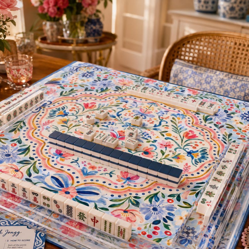 Blue Pink Floral Folk Art Mahjong Mat, American Mahjong Mat, Preppy Botanical Game Mat, Grandmillennial Gift