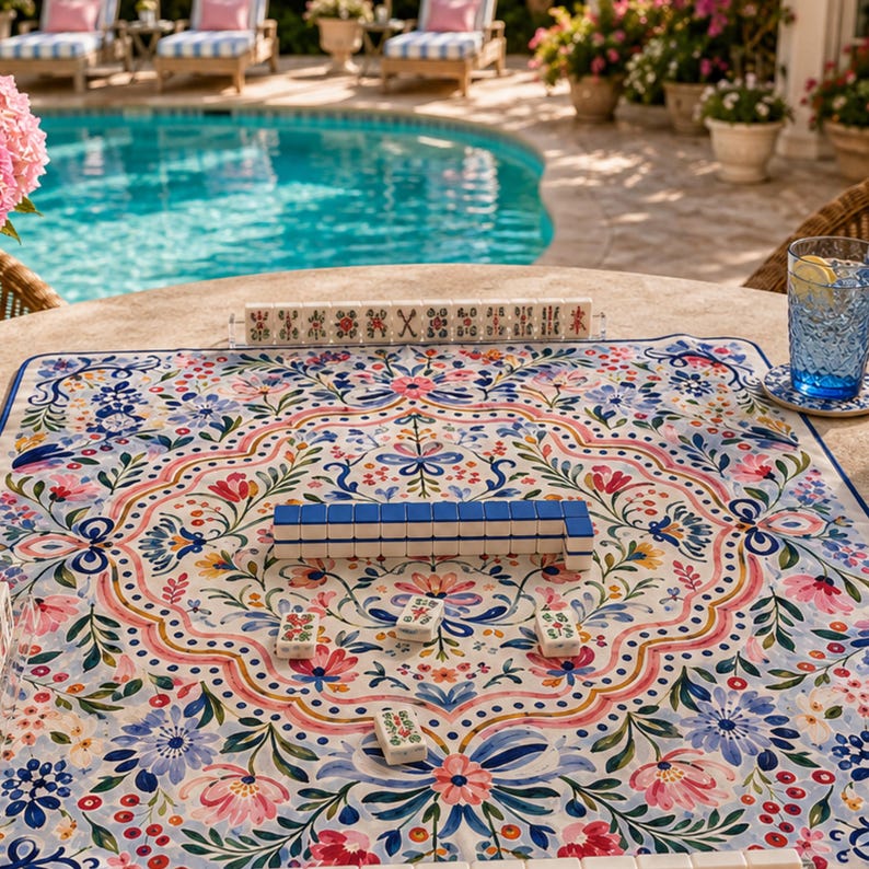 Blue Pink Floral Folk Art Mahjong Mat, American Mahjong Mat, Preppy Botanical Game Mat, Grandmillennial Gift