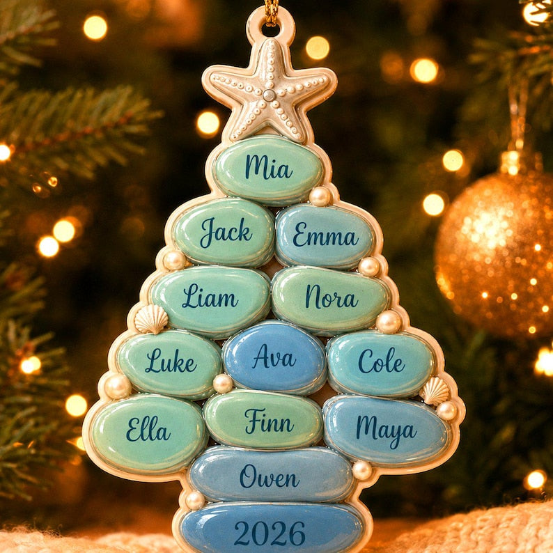 Personalized Family Sea Glass Ornament, Custom Name Christmas Tree Decor, Beach Theme Family Keepsake, 3D Relief Acrylic Ornament