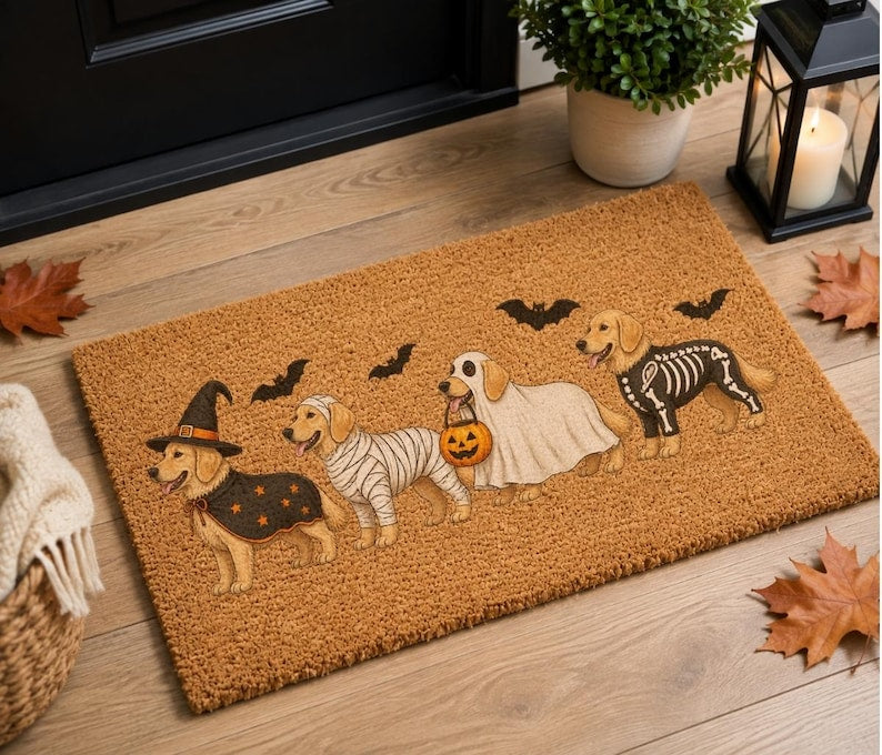 Halloween Golden Dog Coir Doormat, Golden Dog Coir Welcome Mat, Fall Front Porch Decor, Funny Fall Porch Decor