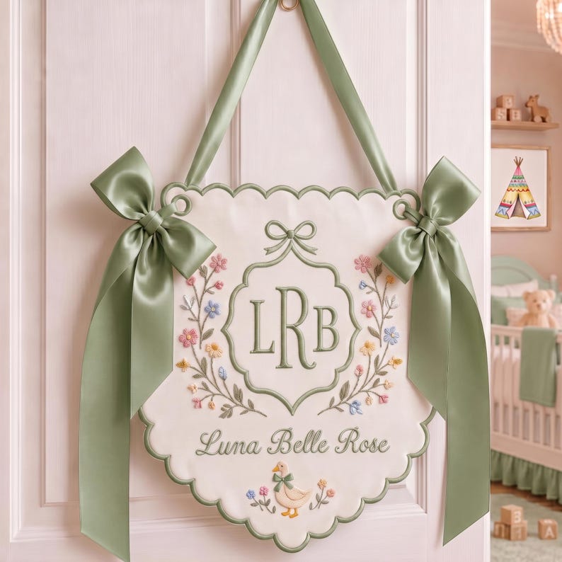 Embroidered Baby Name Banner, Floral Monogram Nursery Decor, Custom Door Hanger