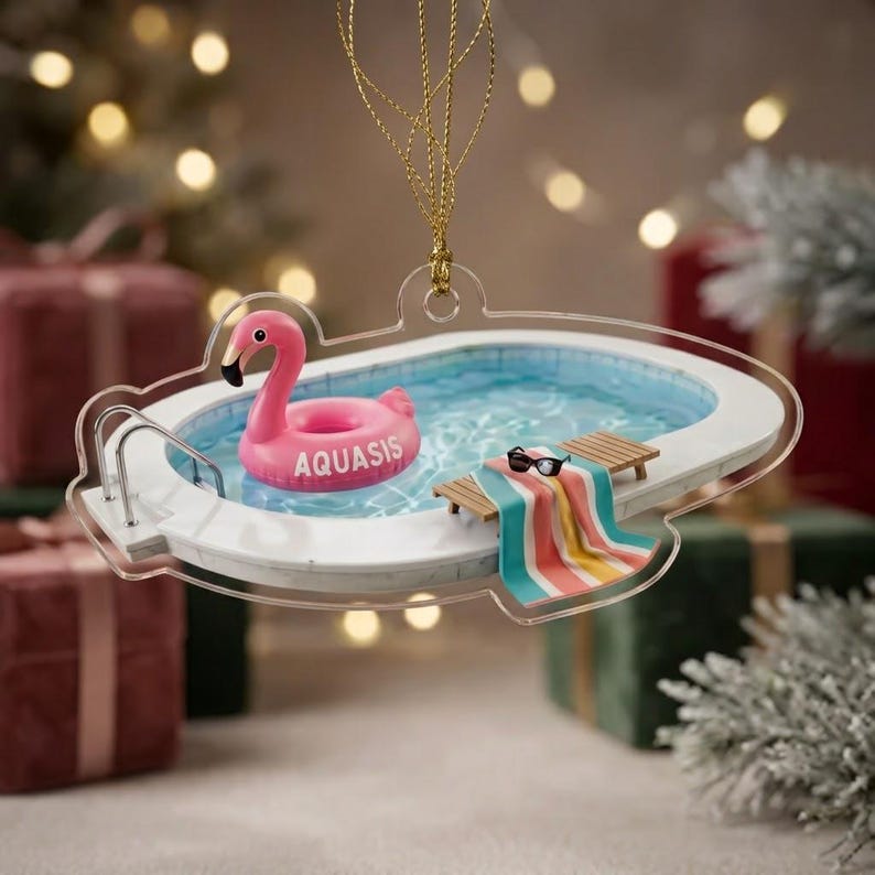 Custom Name Swimming Pool Christmas Ornament Acrylic Flamingo Float Holiday Tree Decoration