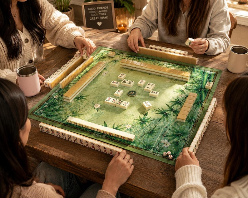 Mahjong Mat, Green Bamboo Game Table Mat with Non-Slip Base, Decorative Tile Playing Surface, Gift for Mahjong Players