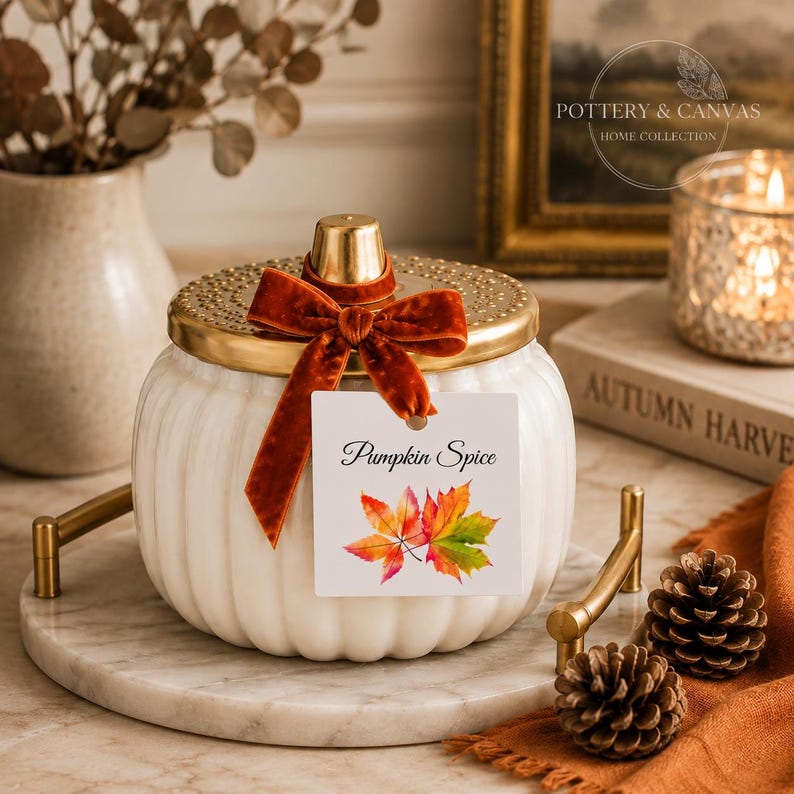 Ivory Ceramic Pumpkin Candle, Textured Glass, Wooden Wick, Pumpkin Spice Aroma