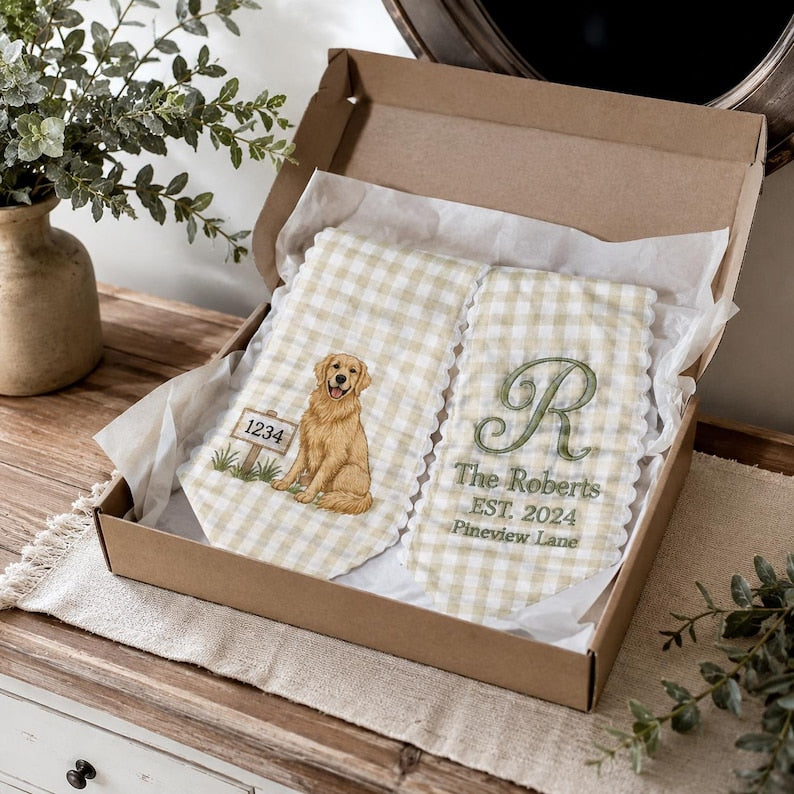 Personalized Dog Embroidered Wreath Sash, Beige Gingham Door Bow, Family Name and Address Decor, Golden Retriever