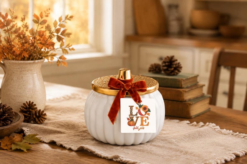 Ivory Harvest Ceramic Pumpkin Candle, Rustic Farmhouse Fall Decor, Thanksgiving Tabletop Accent