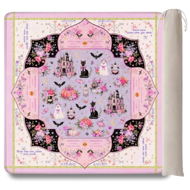 Hey Punkin Halloween Mahjong Mat, Pink Ghost Black Cat Instructional Game Night Gift, American Mahjong