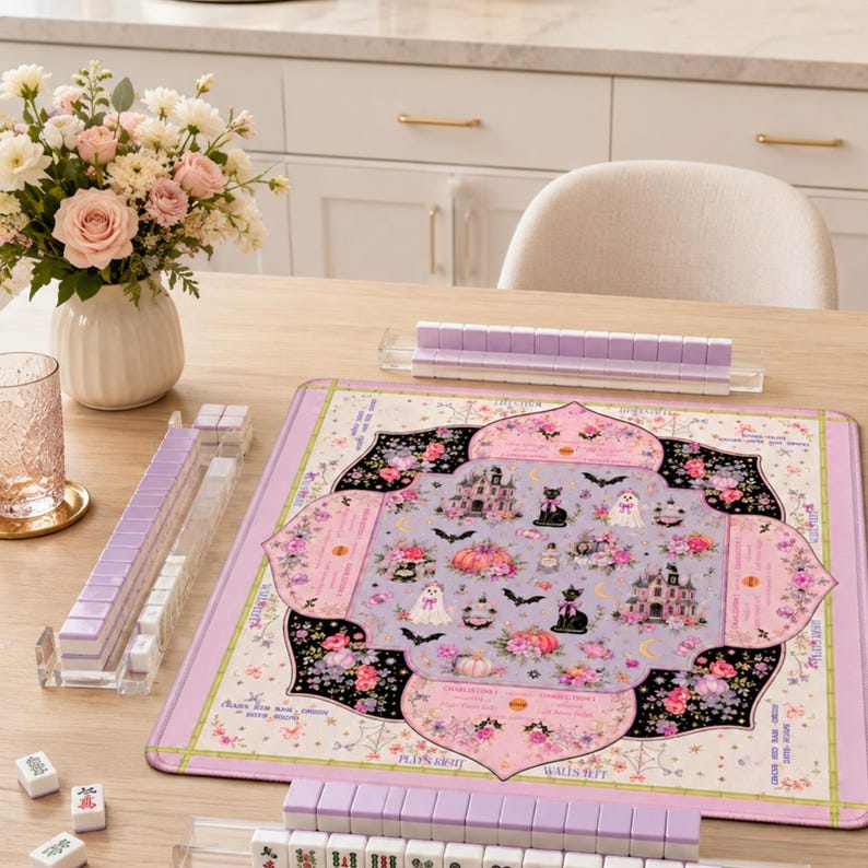 Hey Punkin Halloween Mahjong Mat, Pink Ghost Black Cat Instructional Game Night Gift, American Mahjong